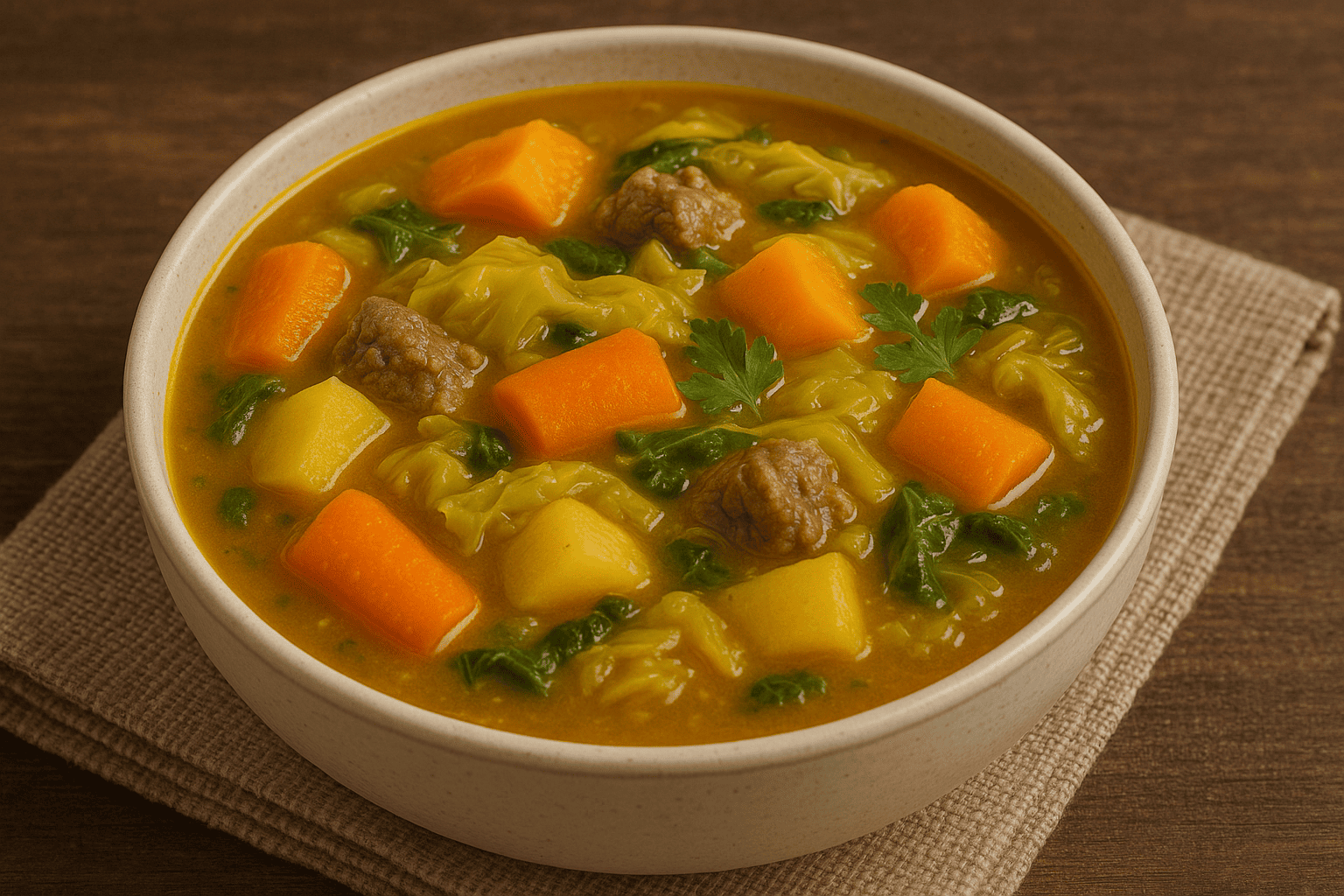 Ladle serving steaming soup into a bowl, communal table setting